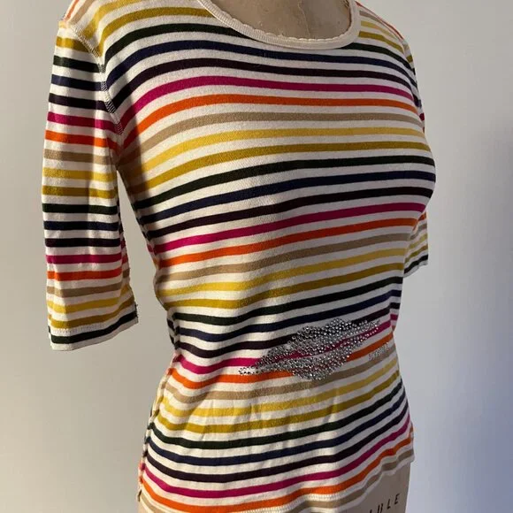 90s Sonia Rykiel Rainbow Stripe Rhinestone Babydoll T-shirt Crewneck Medium - Picture 6 of 15